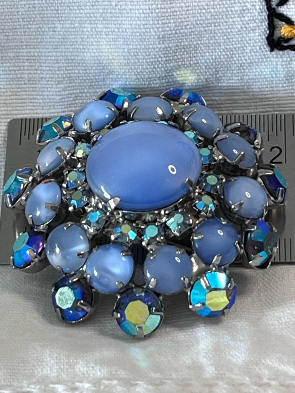 Vintage Blue Moonglow Glass AB Rhinestone Brooch Silver Tone MCM